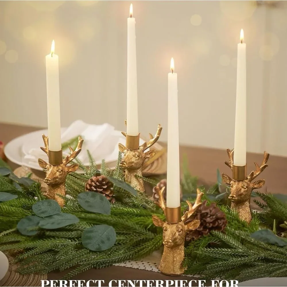 Set of 4 Candlestick Reindeer Candle Holders Brass Gold